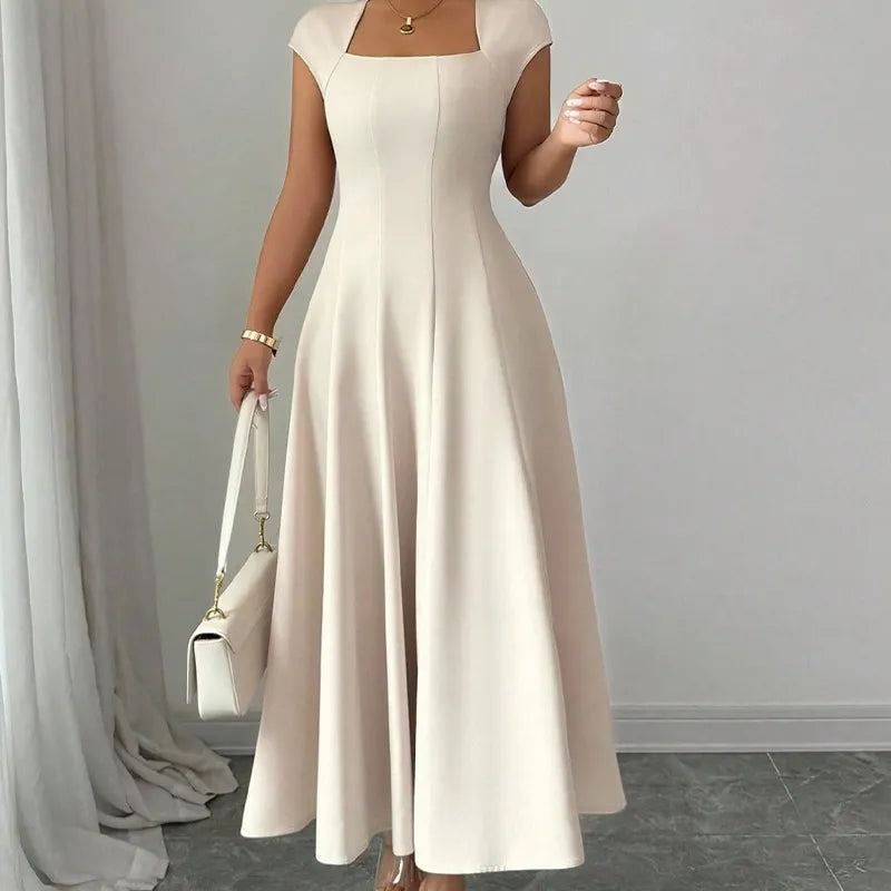Ysolenne - Vestido midi com decote quadrado e toque suave