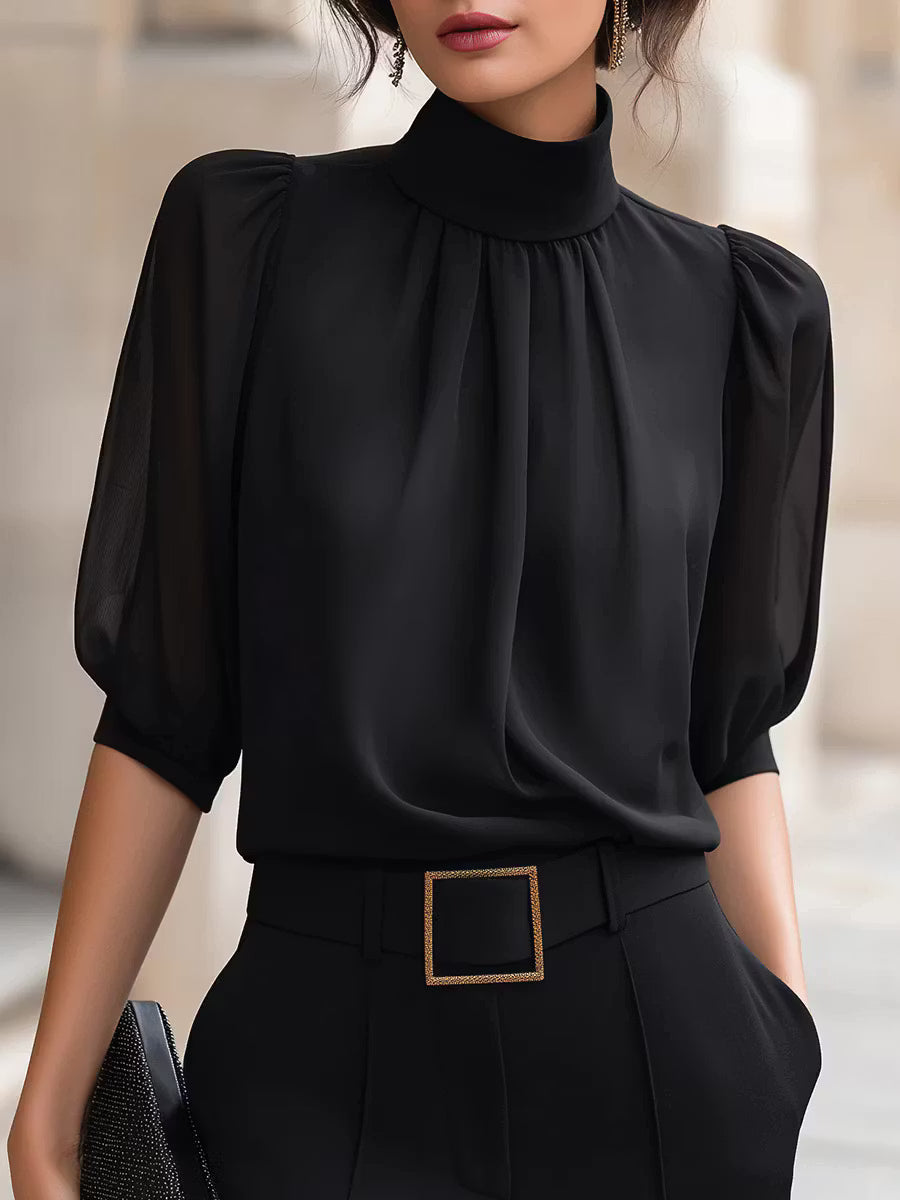 Valessique - Blusa plissada de gola alta