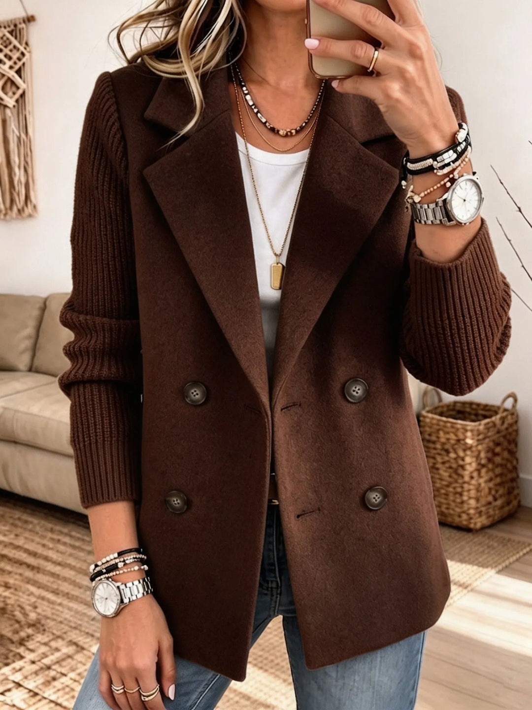 Adalene - Blazer de abotoamento duplo com mangas em malha