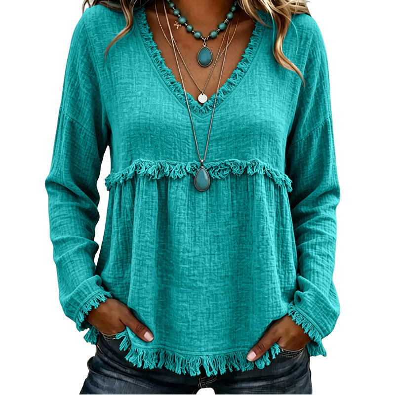 Ariselle - Blusa com franjas e decote em V