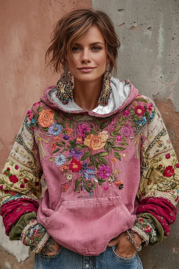 Norellia - Sweat com capuz boho com bordado floral