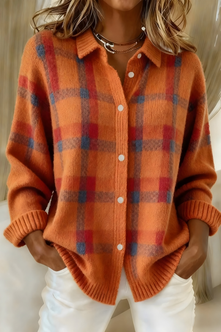 Ashara - Cardigan de malha macia com padrão xadrez