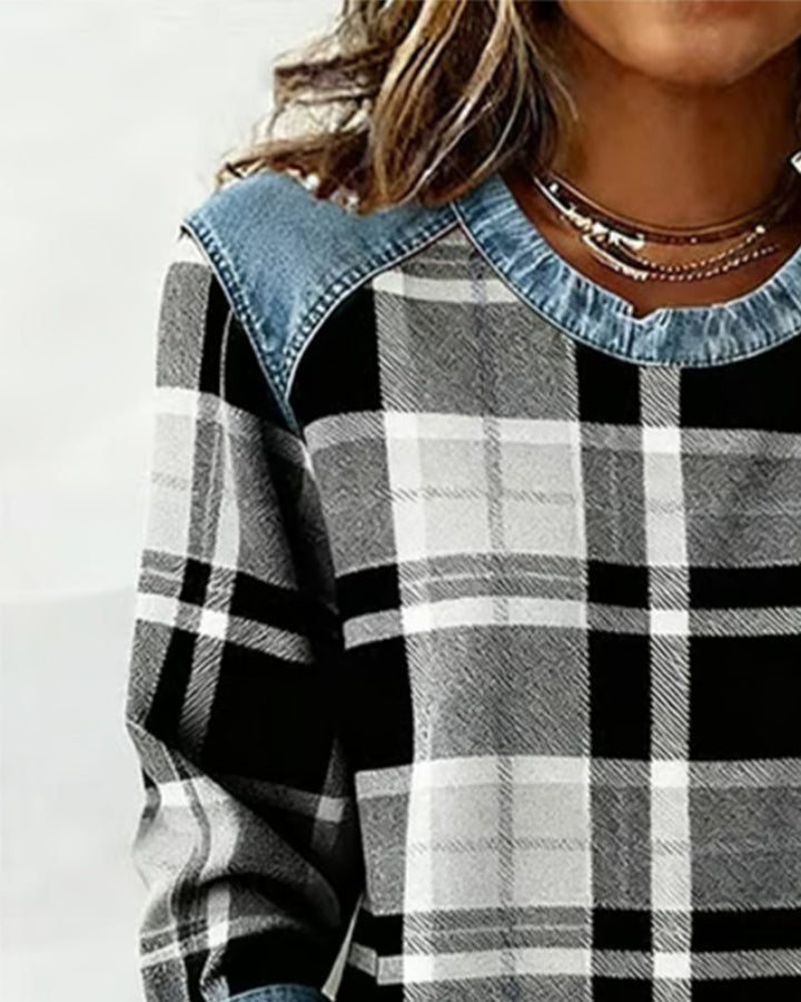 Adair - Sweatshirt casual de gola redonda com padrão xadrez