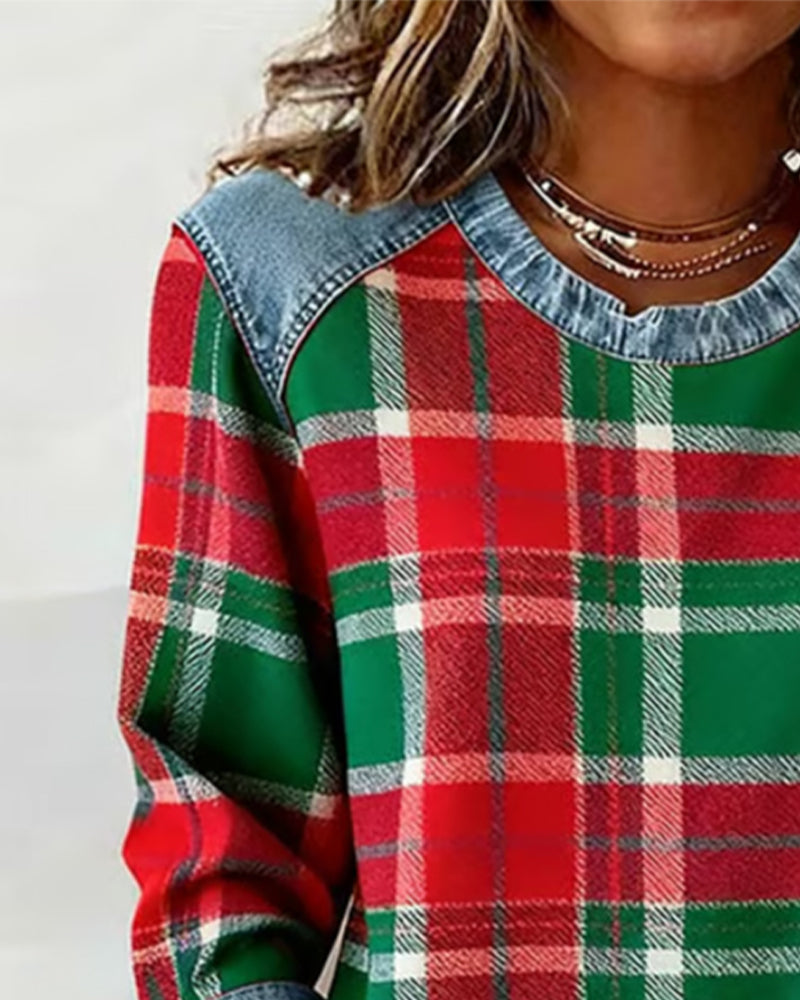 Adair - Sweatshirt casual de gola redonda com padrão xadrez