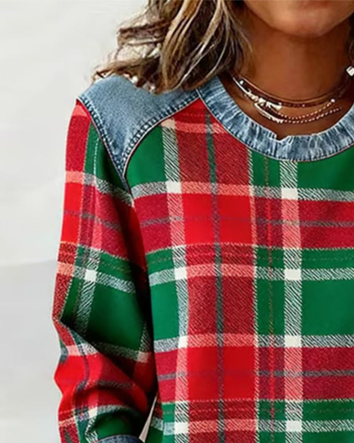 Adair - Sweatshirt casual de gola redonda com padrão xadrez