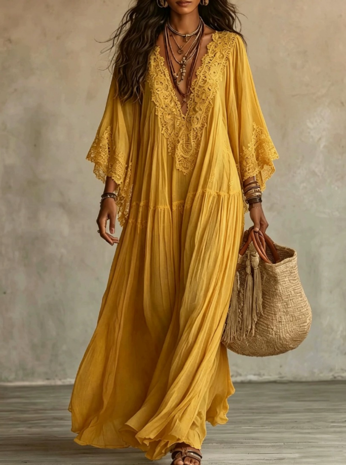 Aerinne - Vestido comprido plissado arejado