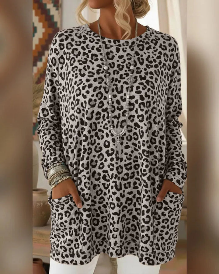 Calivelle - Top de manga comprida com toque suave e estampado de leopardo
