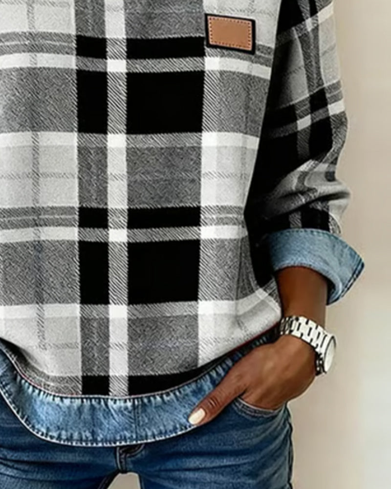Adair - Sweatshirt casual de gola redonda com padrão xadrez