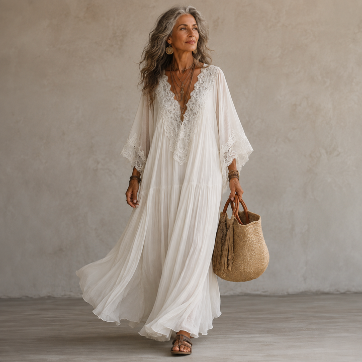 Aerinne - Vestido comprido plissado arejado