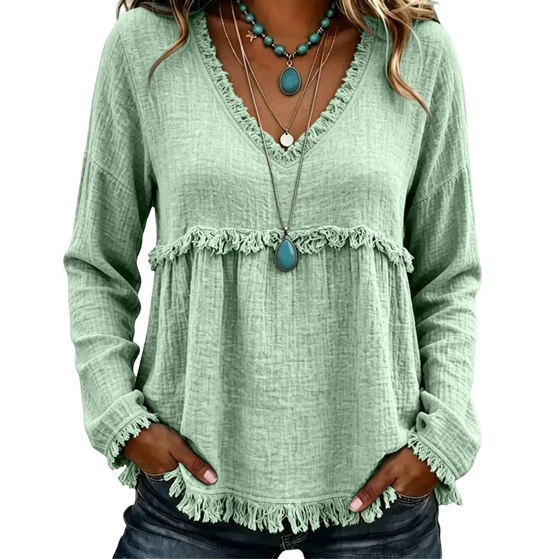 Ariselle - Blusa com franjas e decote em V