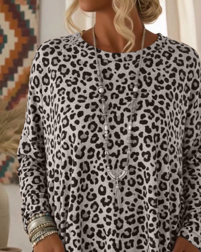 Primelia - Top de manga comprida com toque suave e padrão leopardo