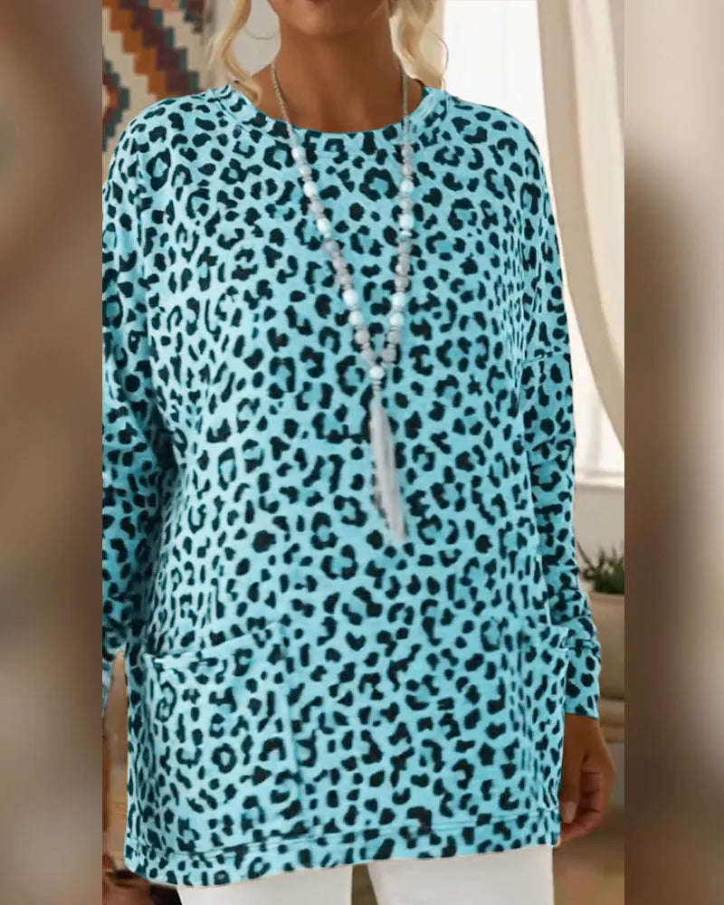 Calivelle - Top de manga comprida com toque suave e estampado de leopardo