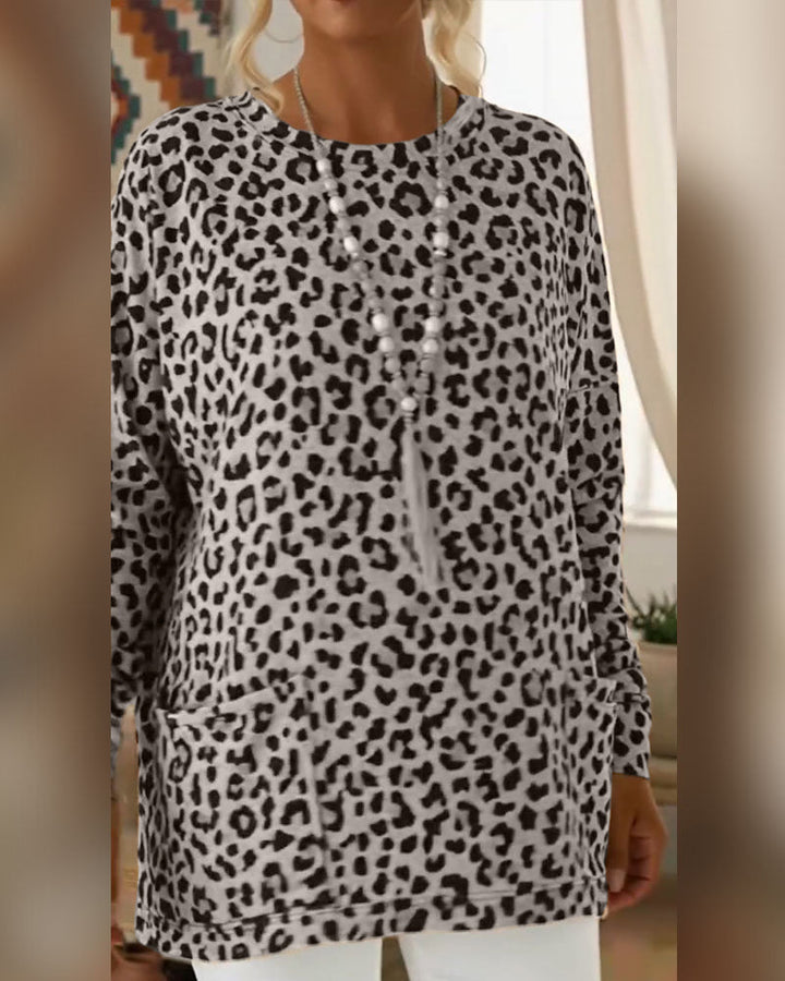 Primelia - Top de manga comprida com toque suave e padrão leopardo