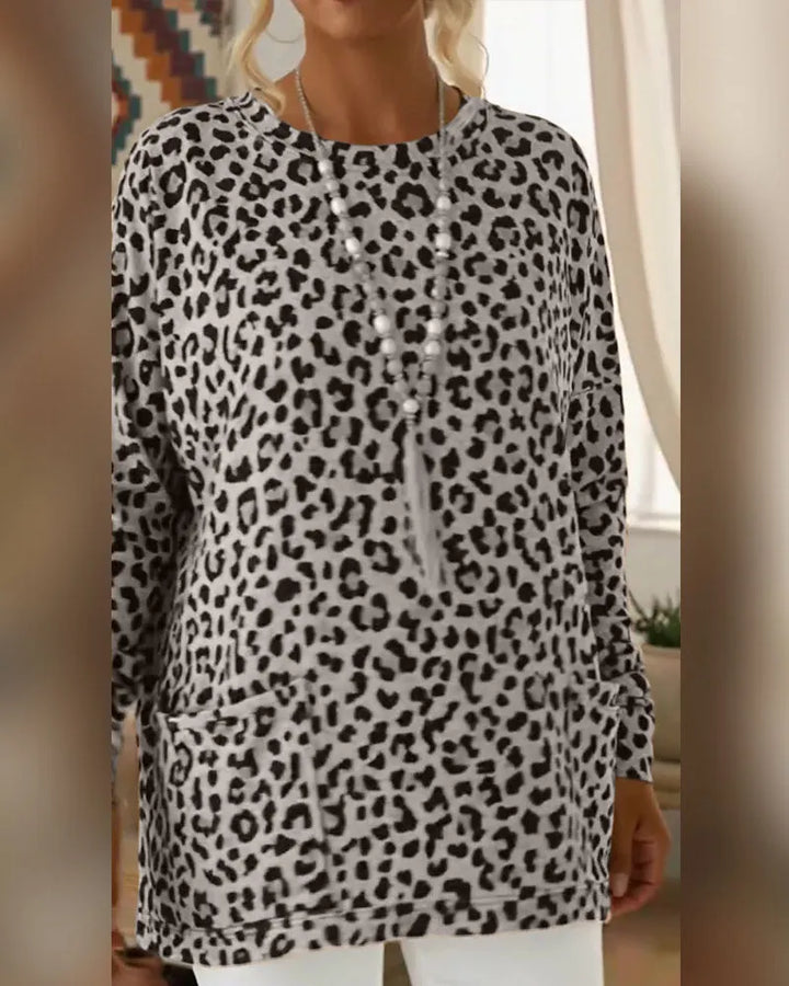 Calivelle - Top de manga comprida com toque suave e estampado de leopardo