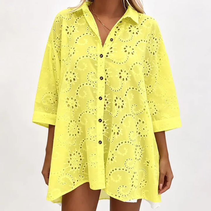 Amarielle - Vestido abotoado à frente bordado e arejado