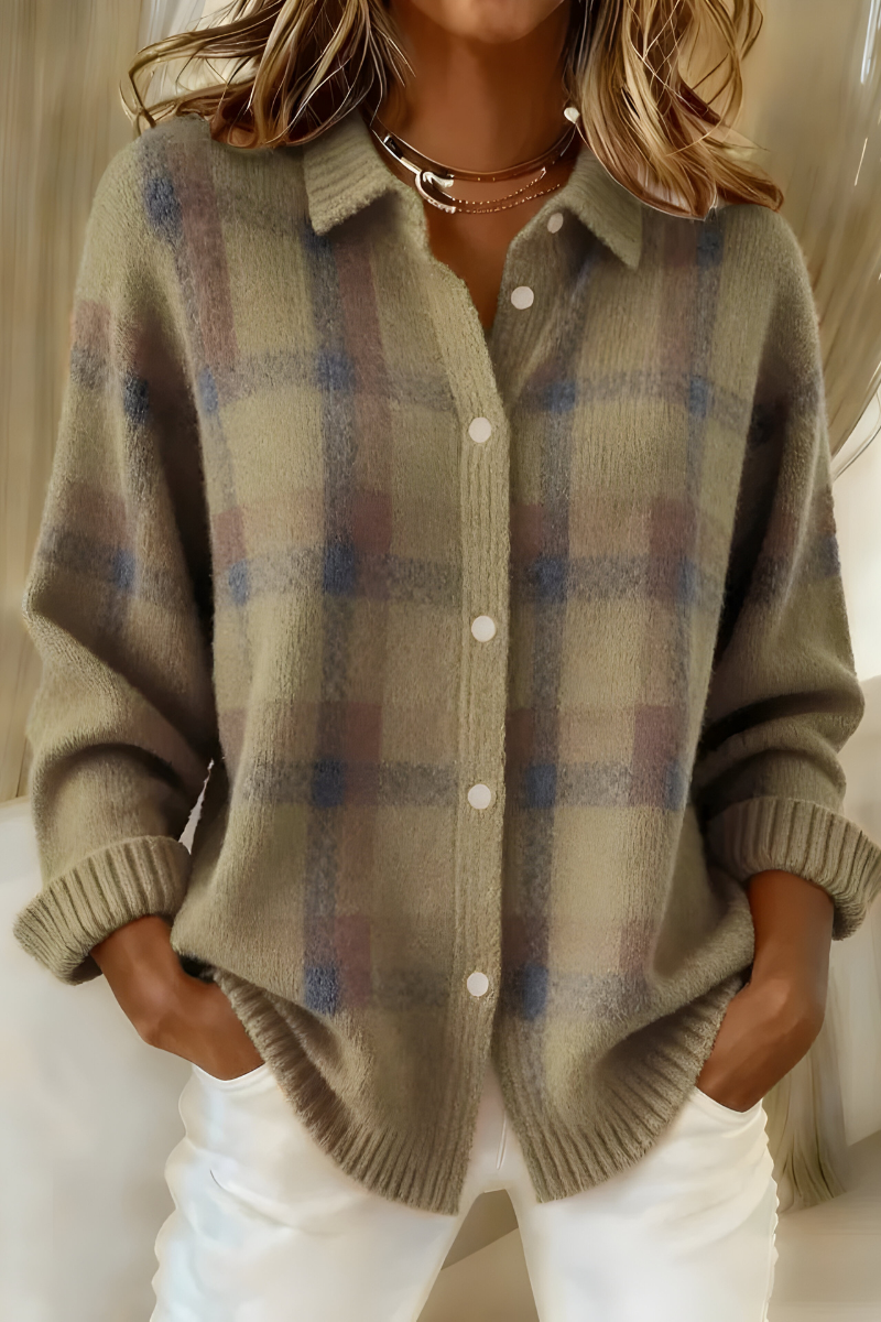 Ashara - Cardigan de malha macia com padrão xadrez