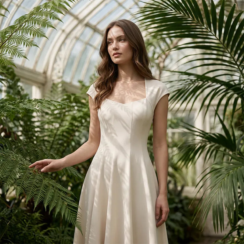 Ysolenne - Vestido midi com decote quadrado e toque suave