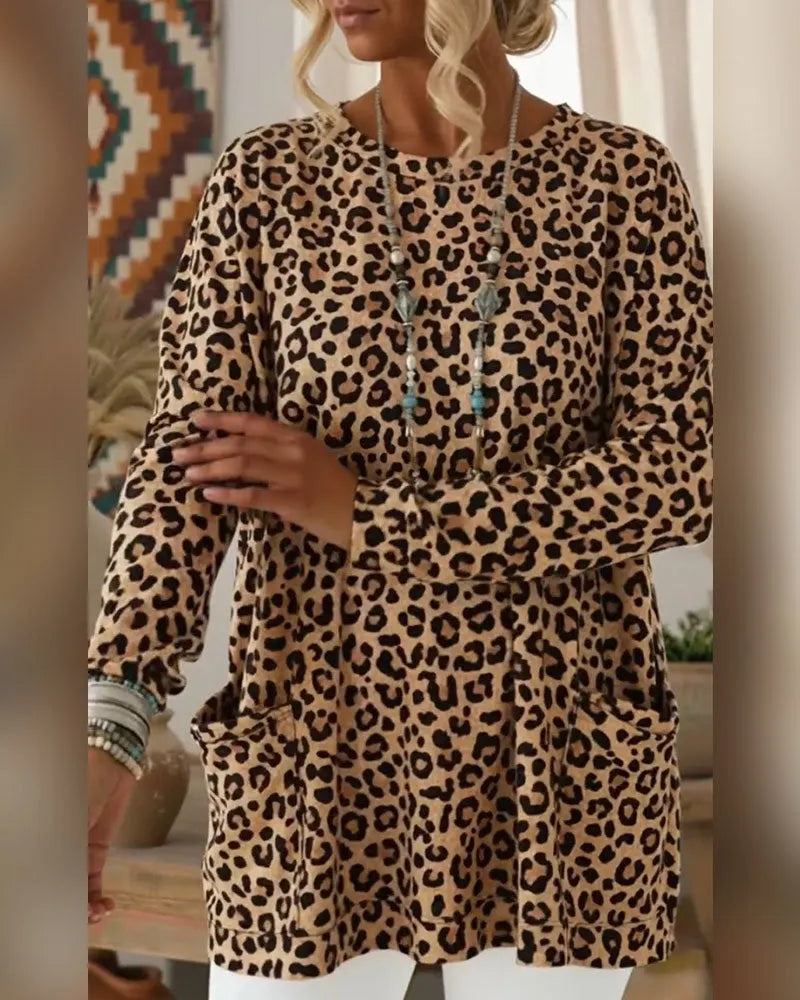 Primelia - Top de manga comprida com toque suave e padrão leopardo
