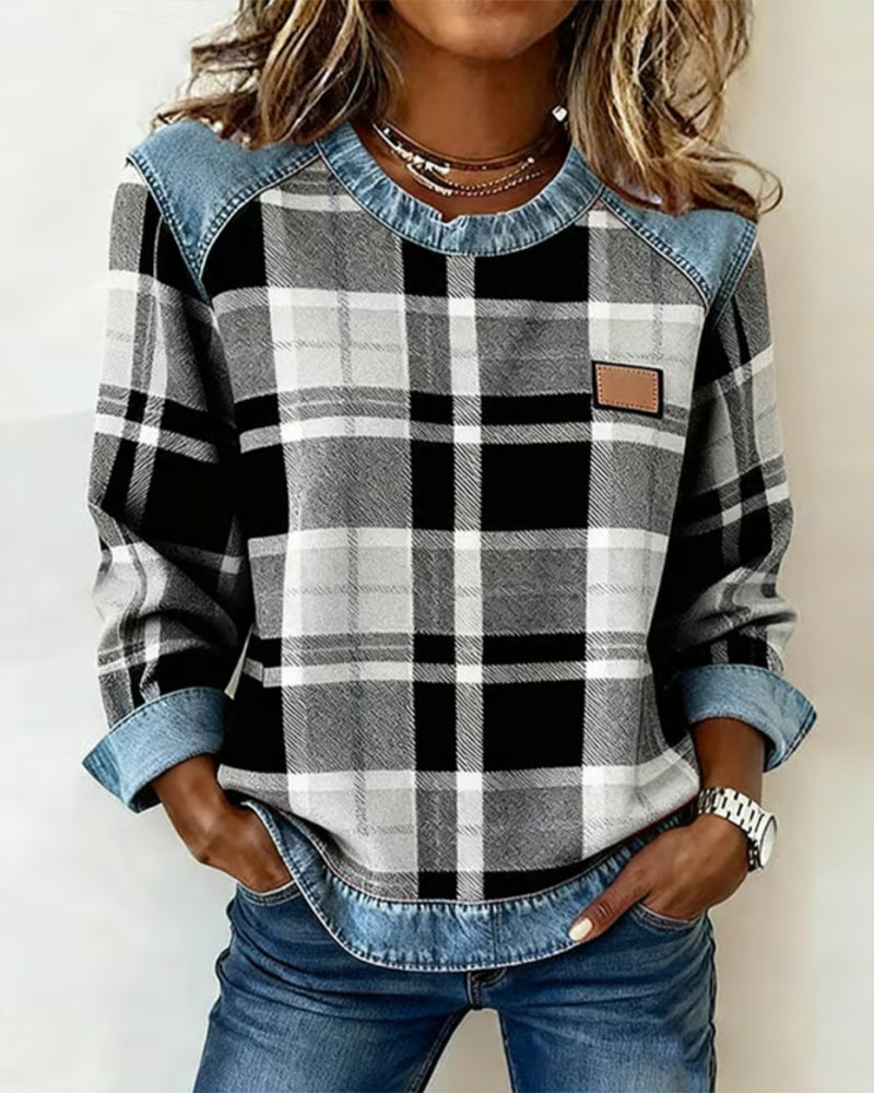 Adair - Sweatshirt casual de gola redonda com padrão xadrez