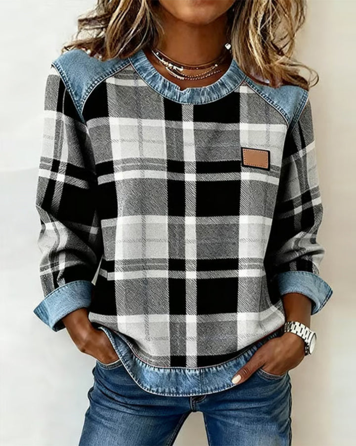 Adair - Sweatshirt casual de gola redonda com padrão xadrez