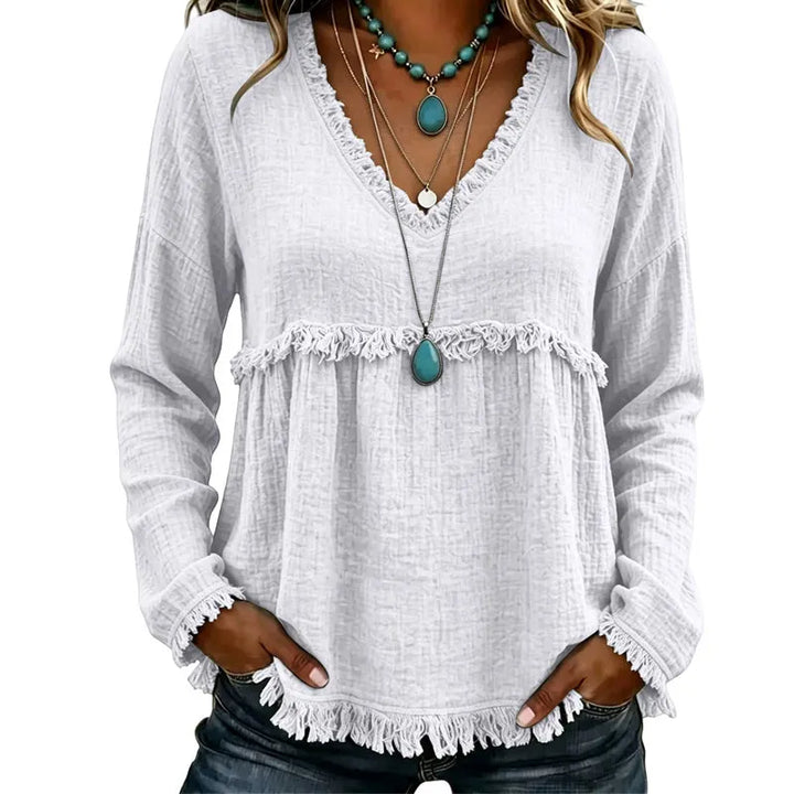 Ariselle - Blusa com franjas e decote em V