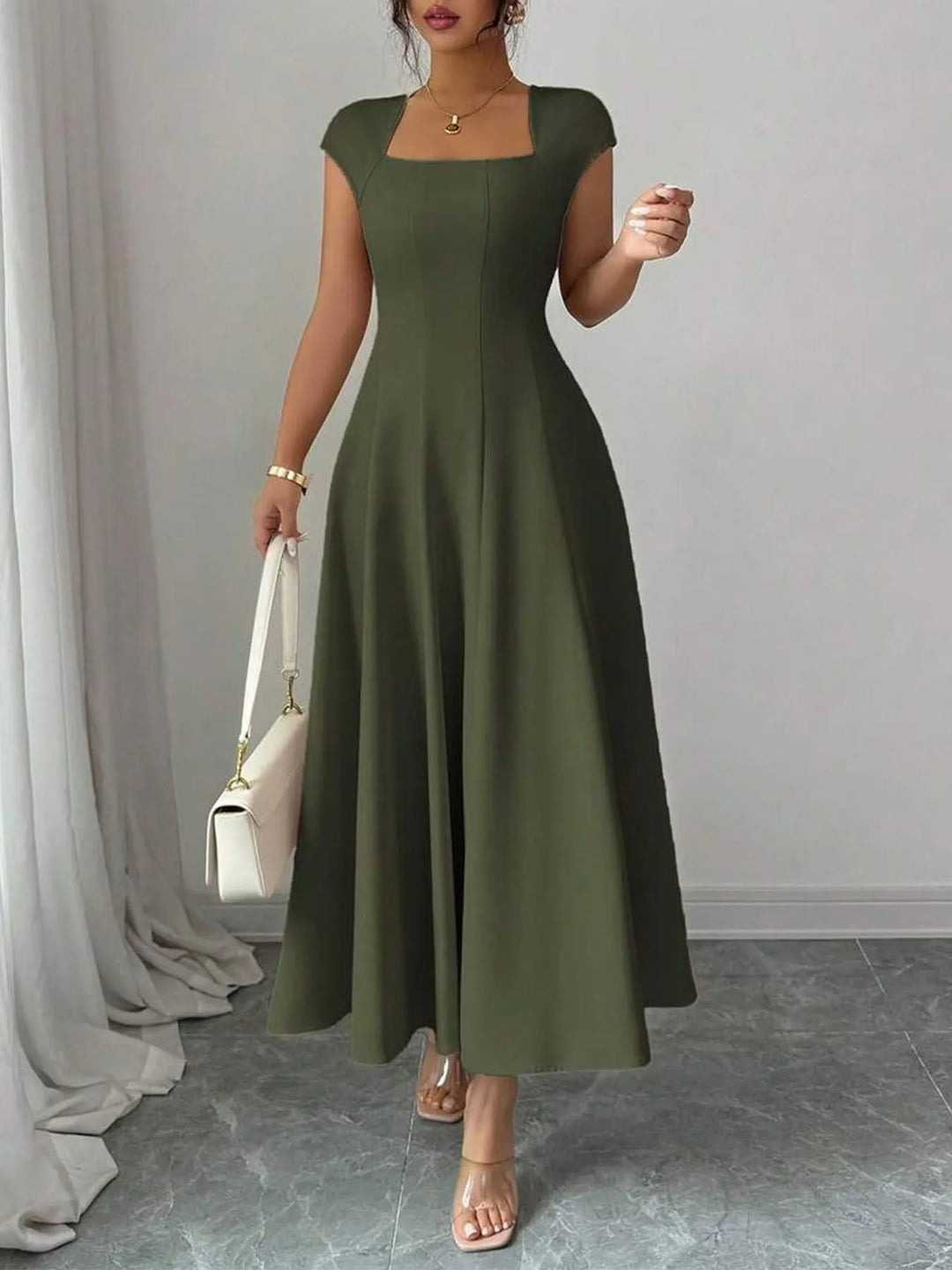Ysolenne - Vestido midi com decote quadrado e toque suave