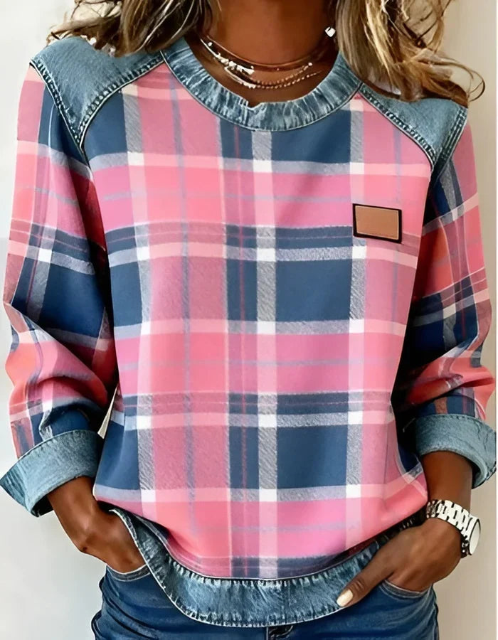 Adair - Sweatshirt casual de gola redonda com padrão xadrez