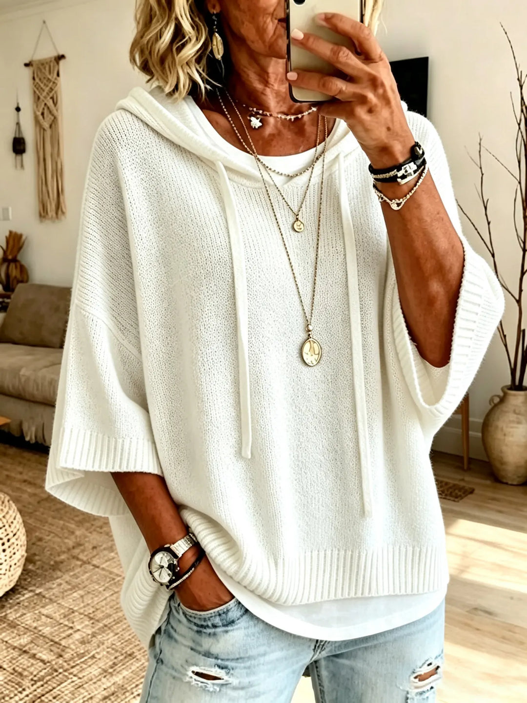 Celandria - Sweatshirt com Capuz Oversize de Manga Curta com Toque Suave