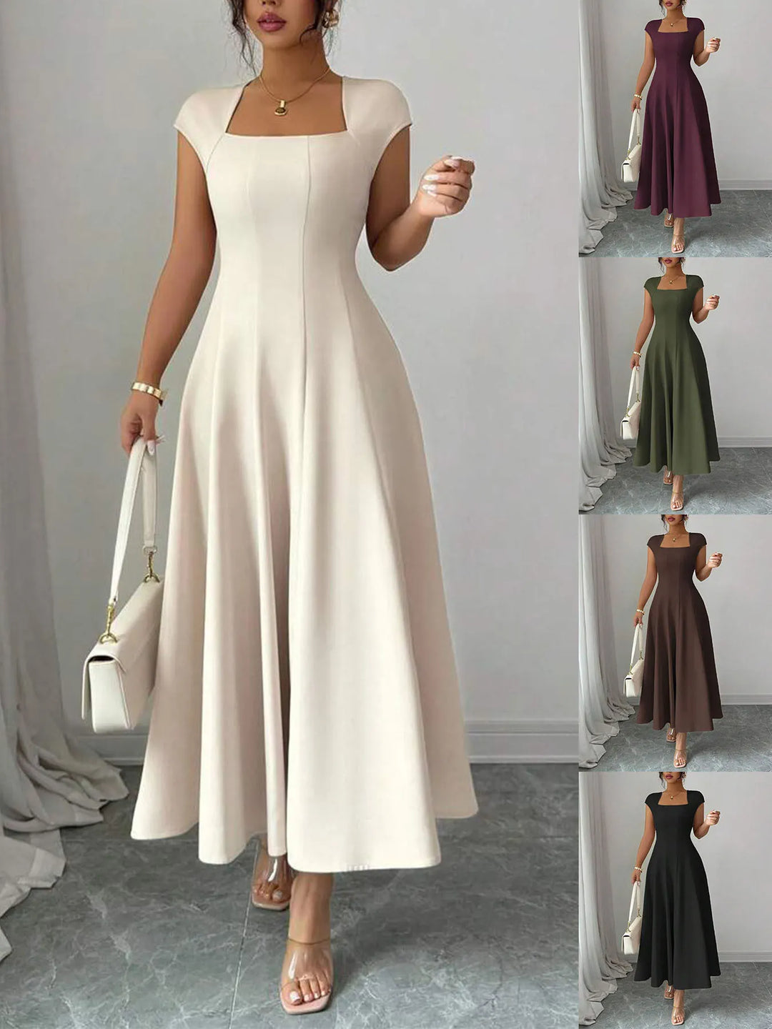 Ysolenne - Vestido midi com decote quadrado e toque suave