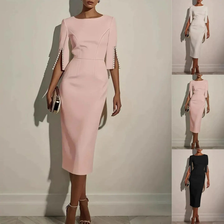 Avalyn - Vestido midi justo com mangas adornadas com pérolas