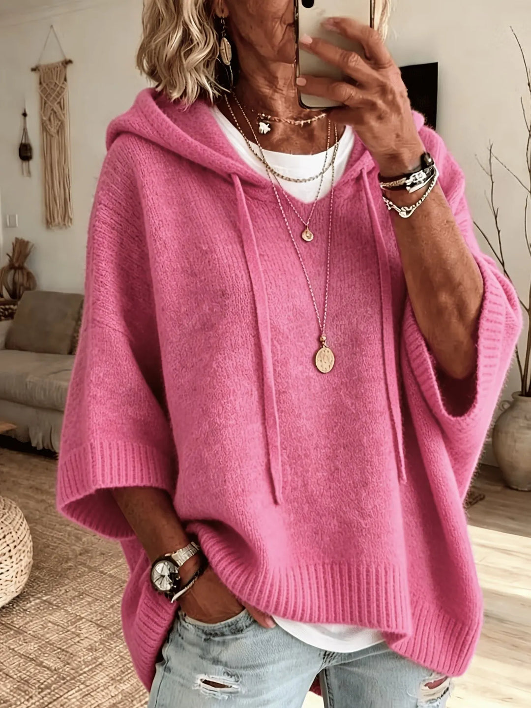 Celandria - Sweatshirt com Capuz Oversize de Manga Curta com Toque Suave