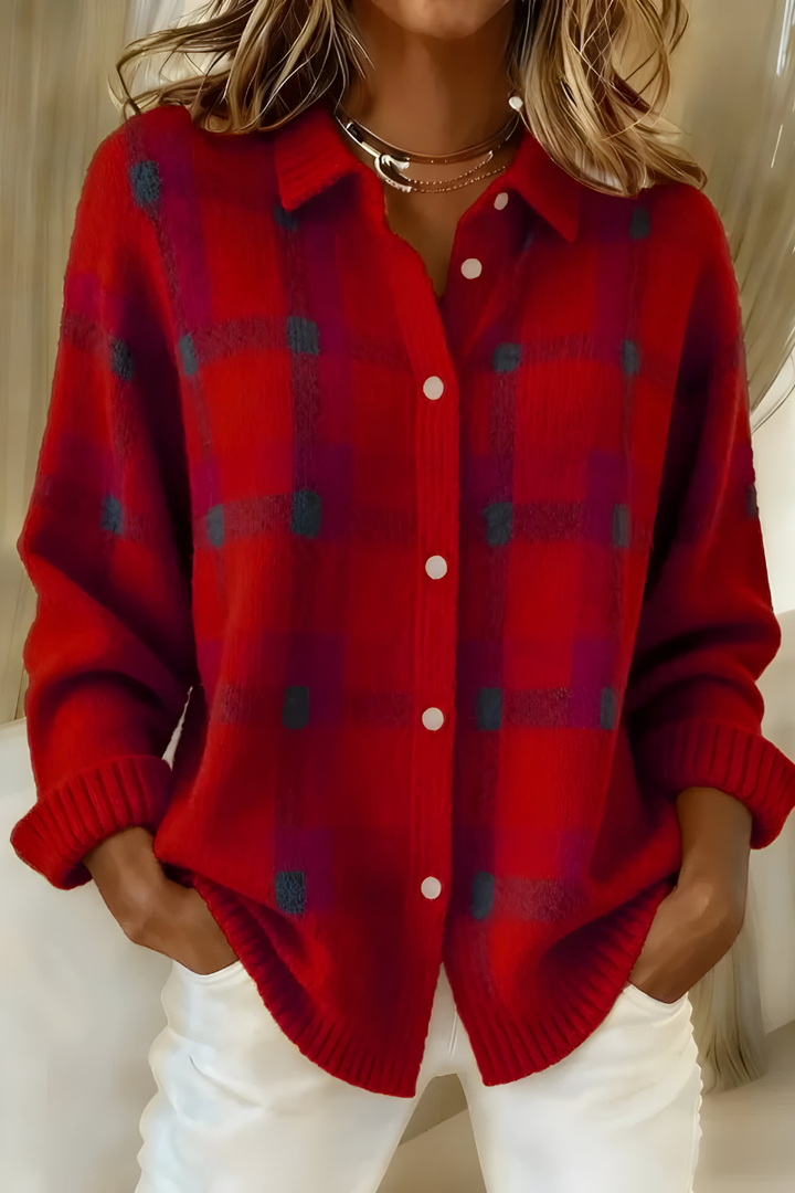 Ashara - Cardigan de malha macia com padrão xadrez