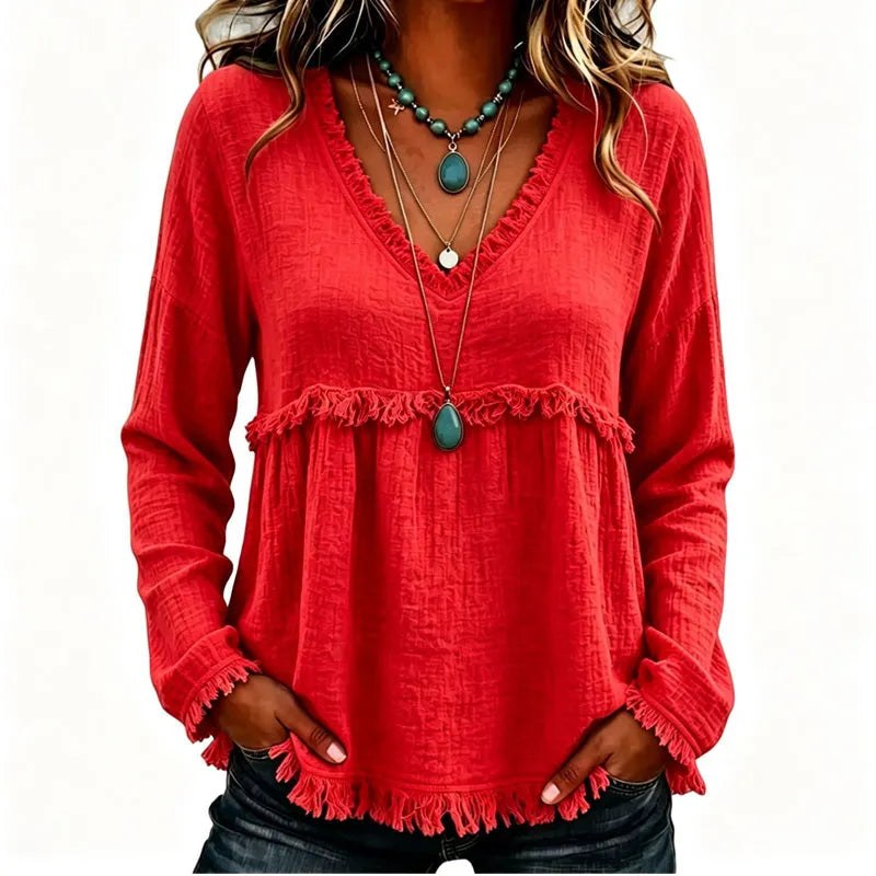 Ariselle - Blusa com franjas e decote em V