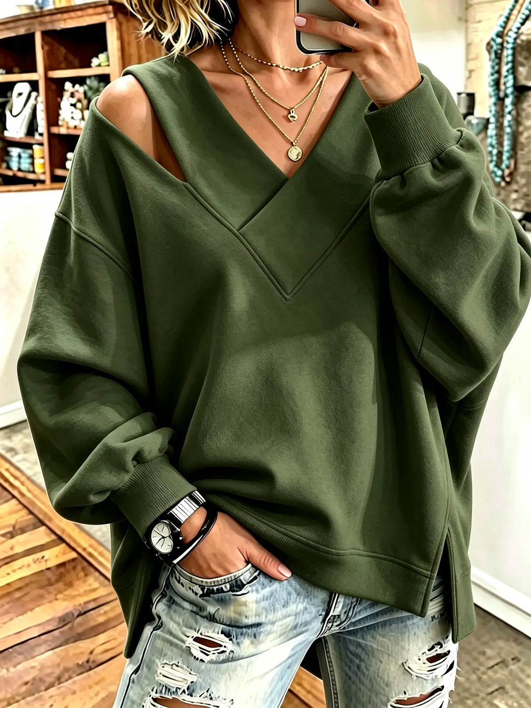Aurelia - Sweatshirt com decote em V e corte a laser