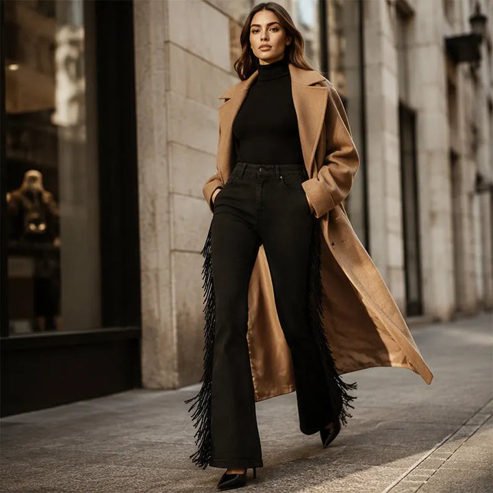 Fiorenne - Calças flare com franjas estilo western