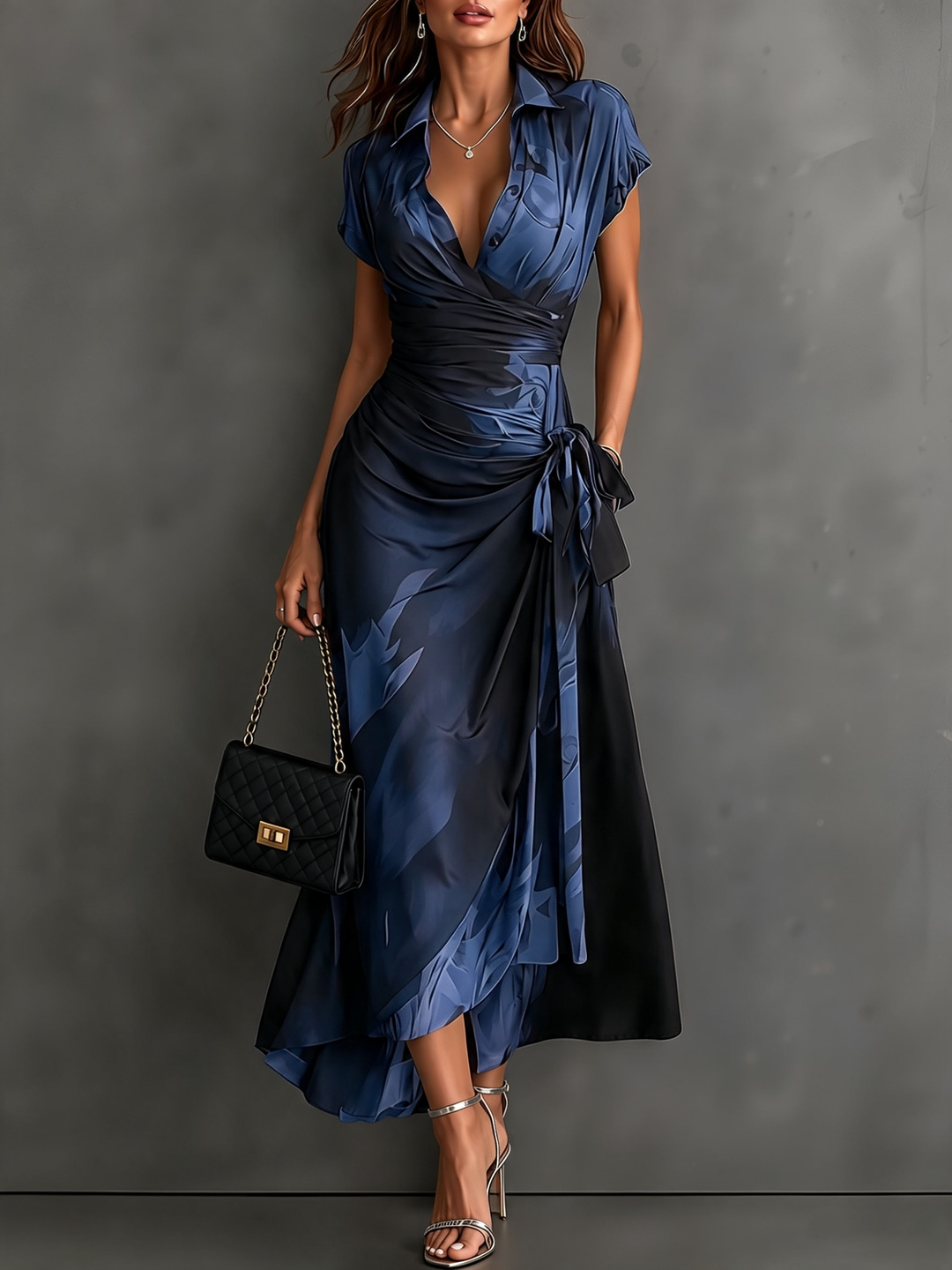 Roselle - Vestido comprido com gola de camisa e caimento sedoso