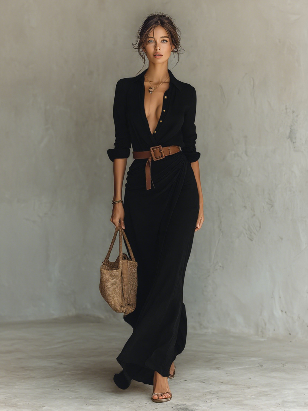 Calantha - Vestido-camisa maxi com cinto e toque suave