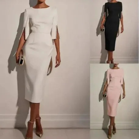 Avalyn - Vestido midi justo com mangas adornadas com pérolas