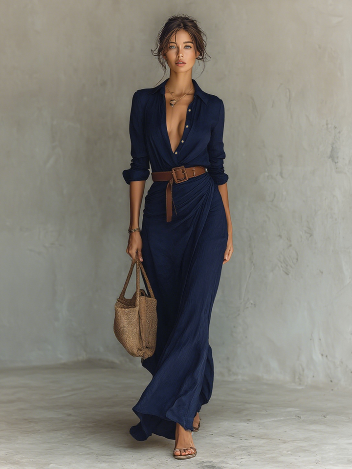 Calantha - Vestido-camisa maxi com cinto e toque suave