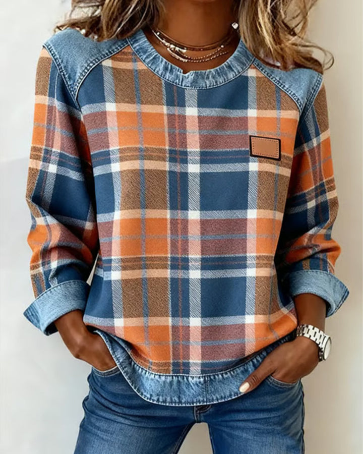 Adair - Sweatshirt casual de gola redonda com padrão xadrez
