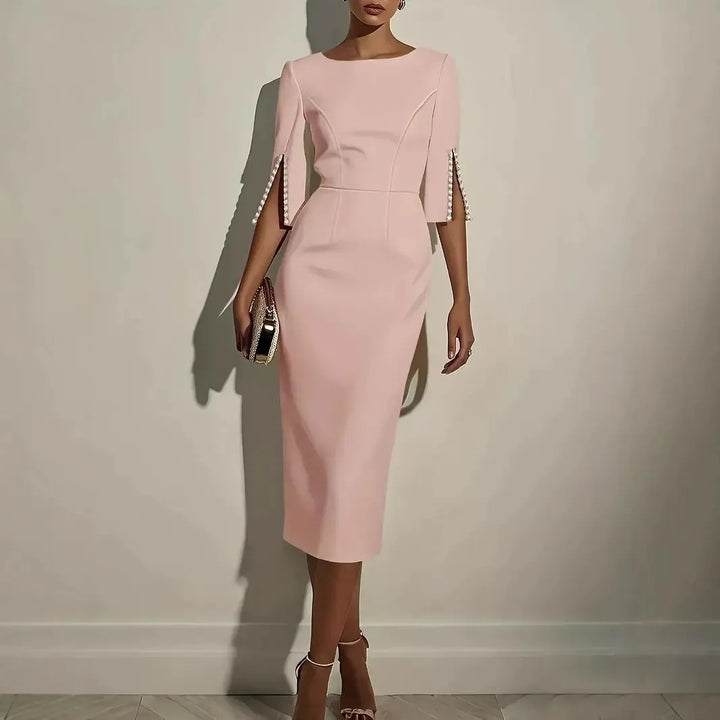 Avalyn - Vestido midi justo com mangas adornadas com pérolas