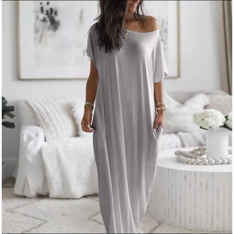 Adalynne - Vestido comprido de corte descontraído com ombros descaídos