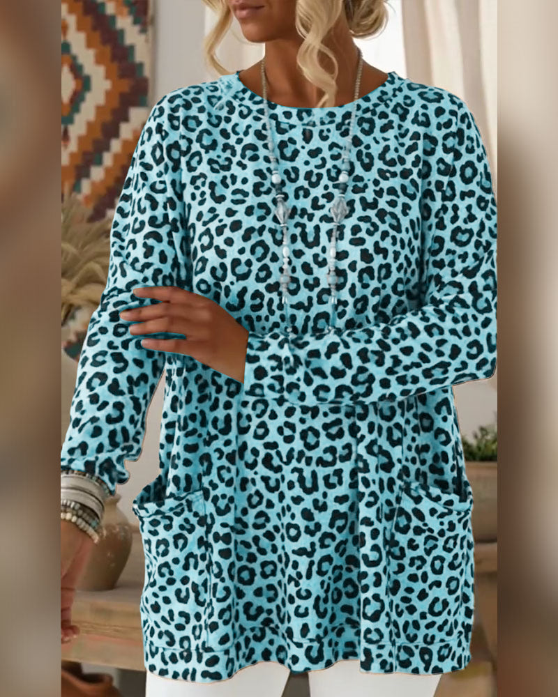 Calivelle - Top de manga comprida com toque suave e estampado de leopardo