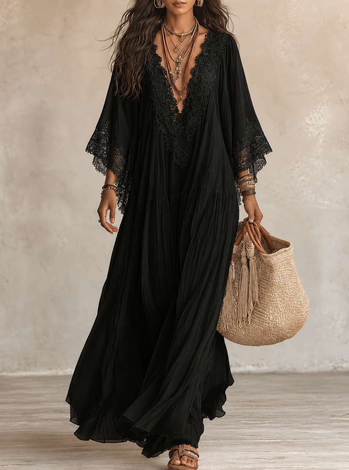 Aerinne - Vestido comprido plissado arejado