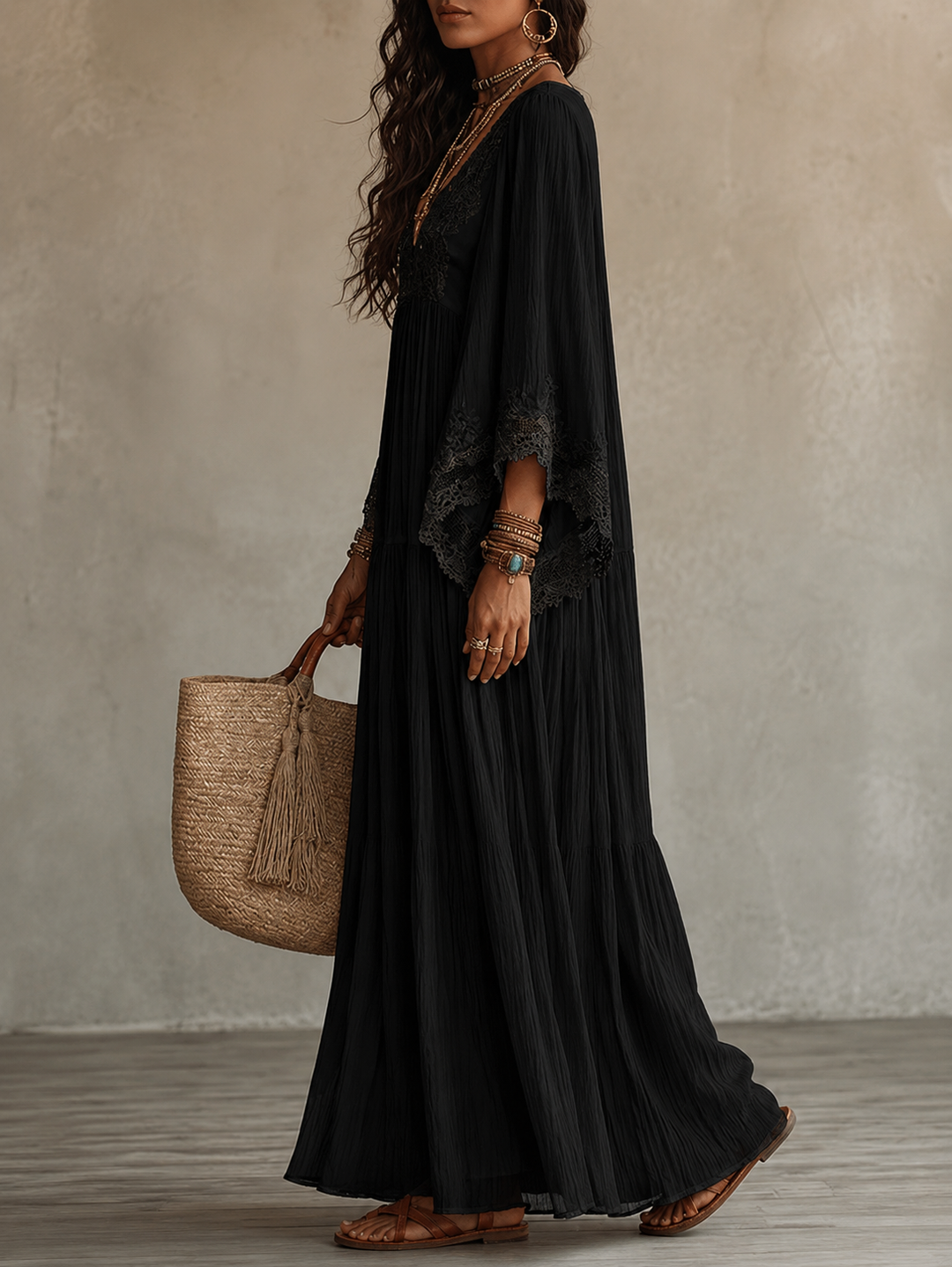 Aerinne - Vestido comprido plissado arejado