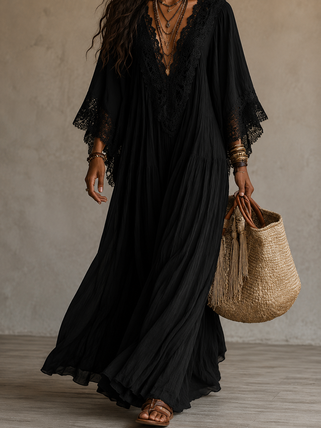 Aerinne - Vestido comprido plissado arejado