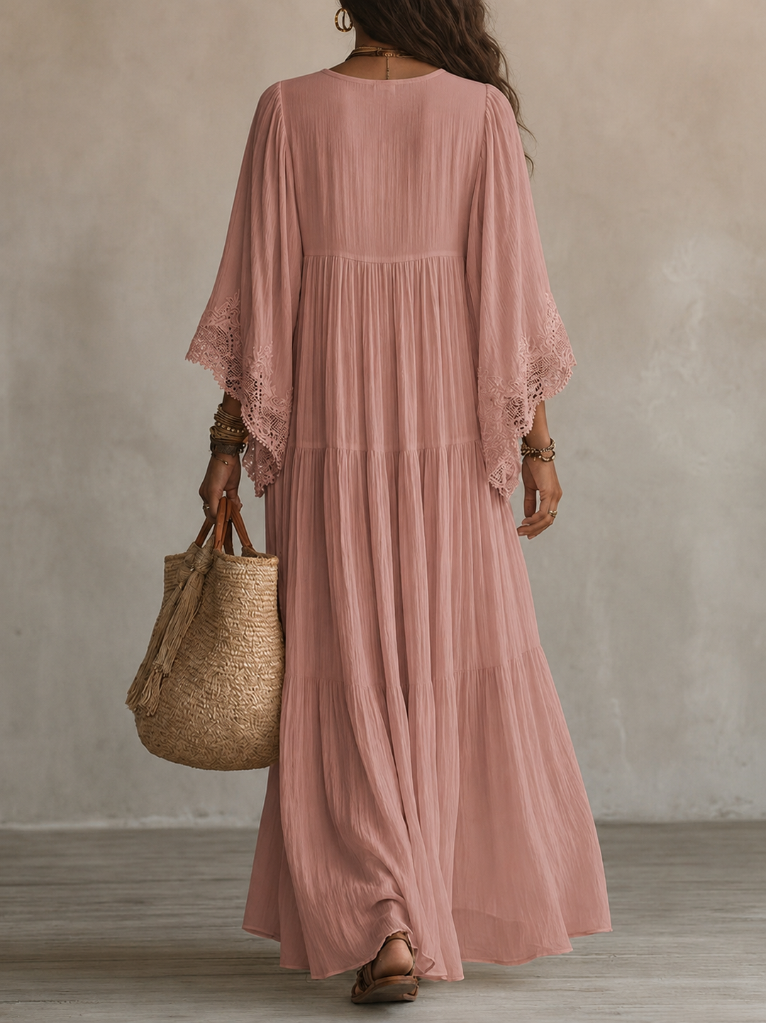 Aerinne - Vestido comprido plissado arejado