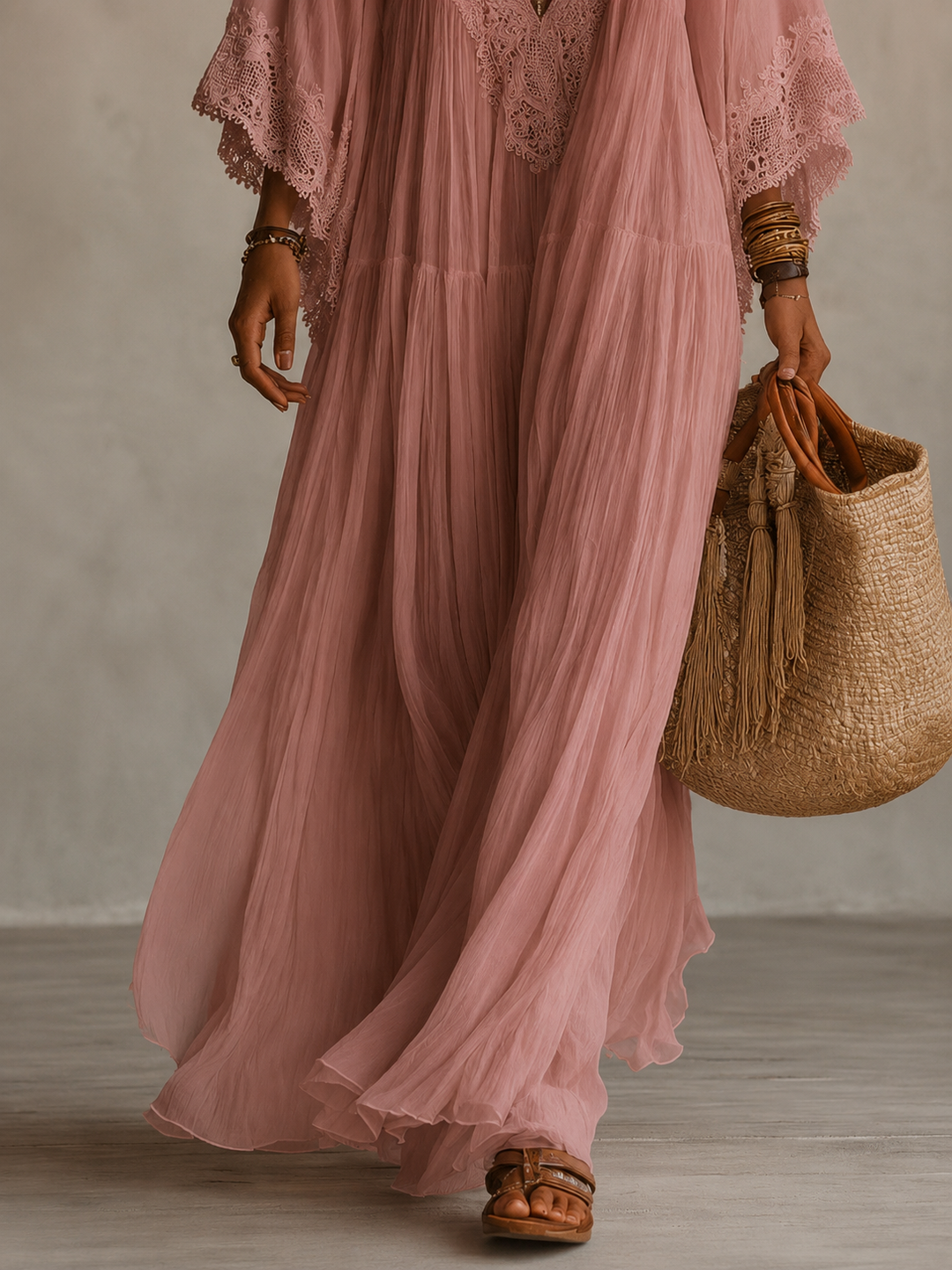 Aerinne - Vestido comprido plissado arejado