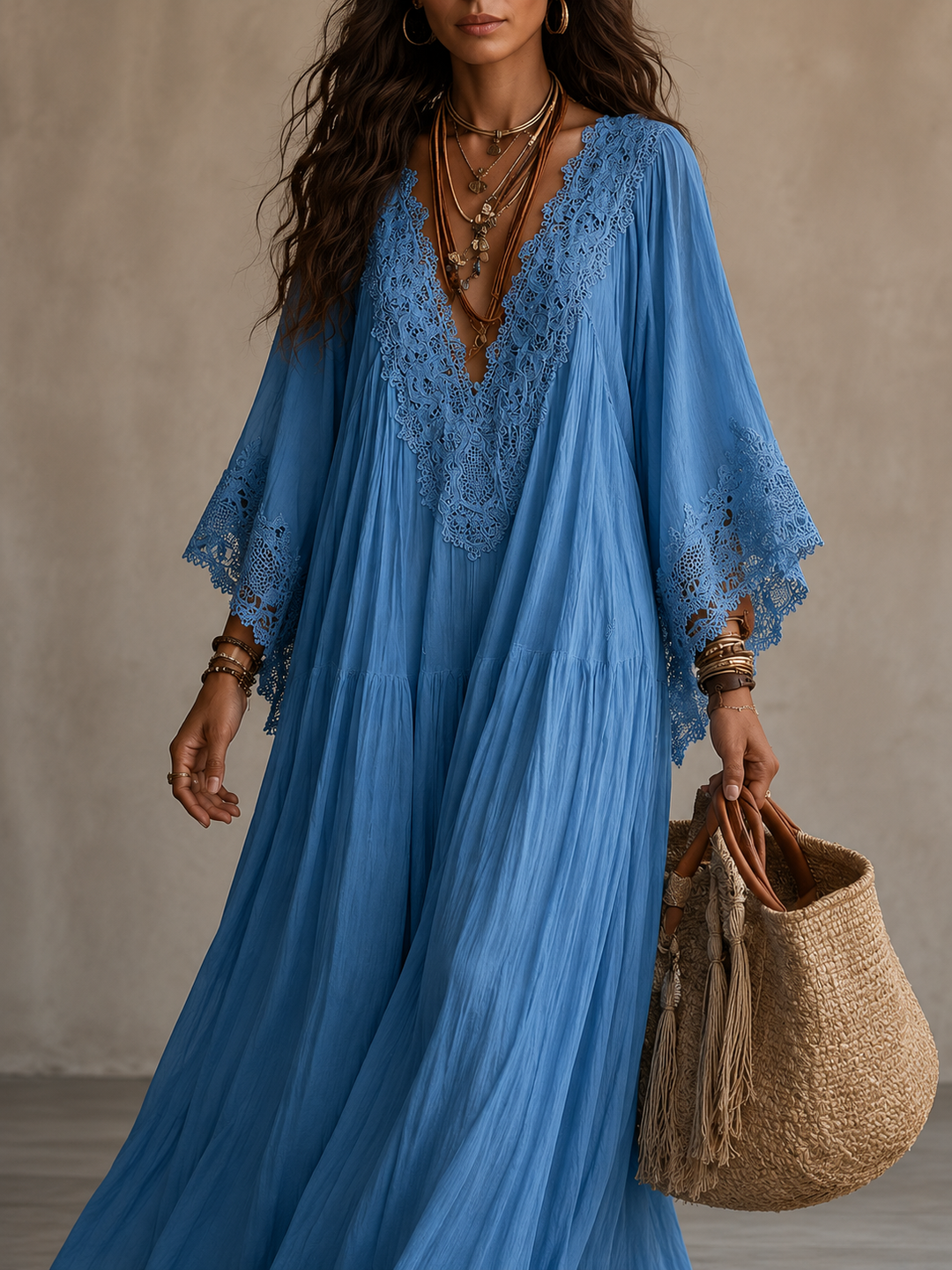 Aerinne - Vestido comprido plissado arejado