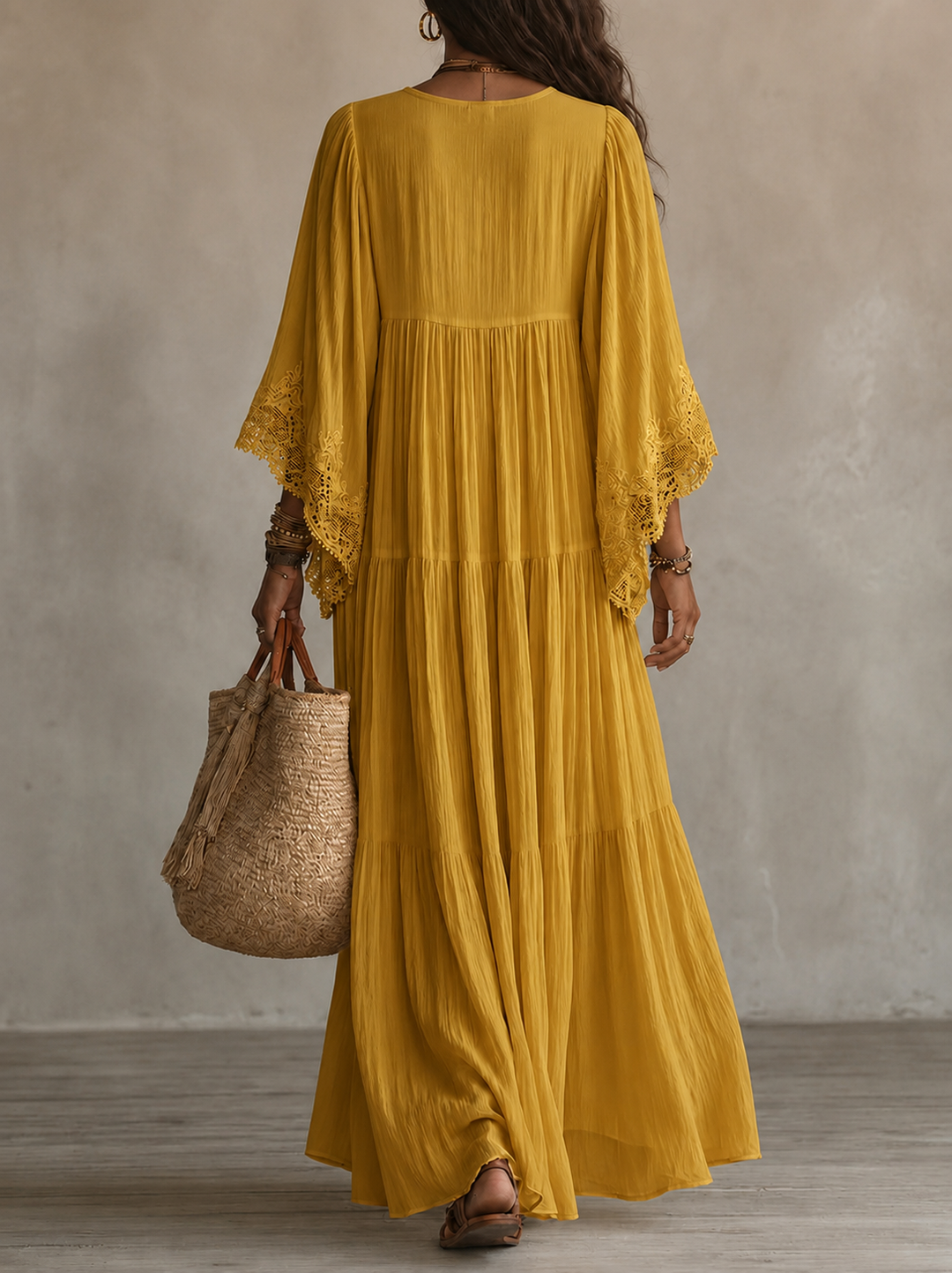 Aerinne - Vestido comprido plissado arejado